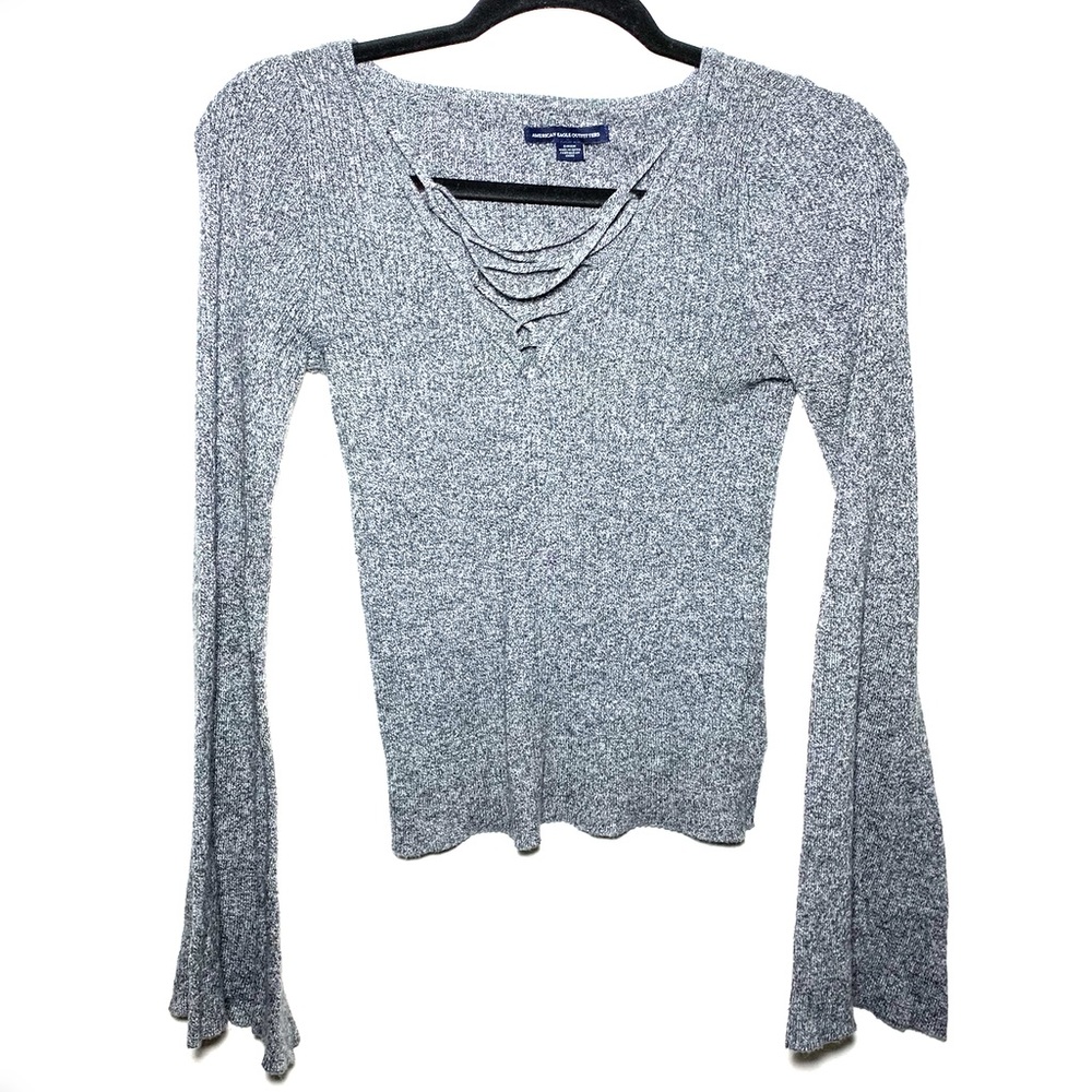 🦅 AE | Gray Flare Sleeve Criss Cross Neck Sweater